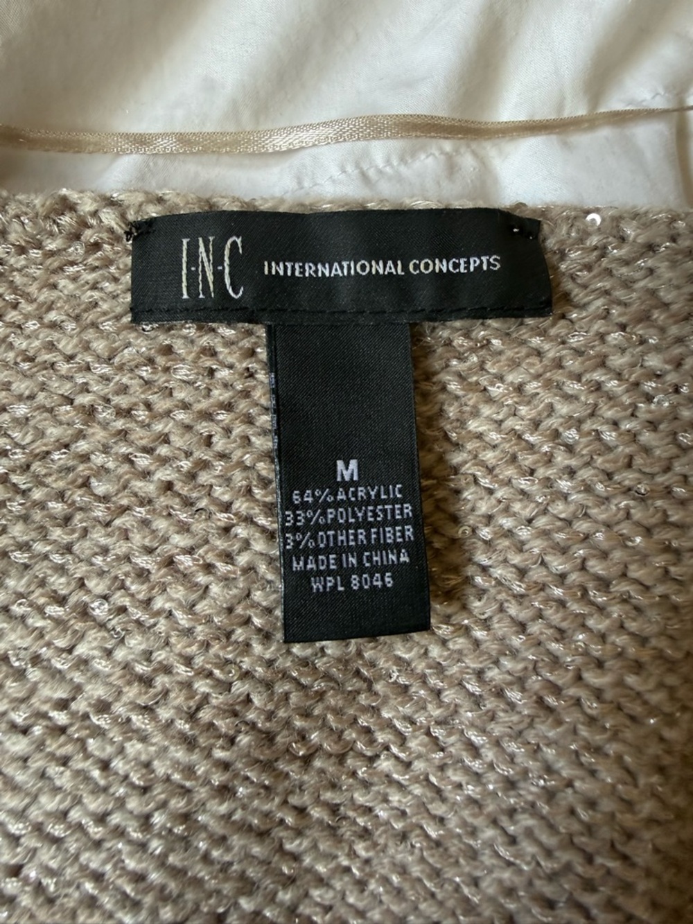INC International Concepts Taupe Knit V-Neck Sweater with sequin detail - Picture 6 of 7